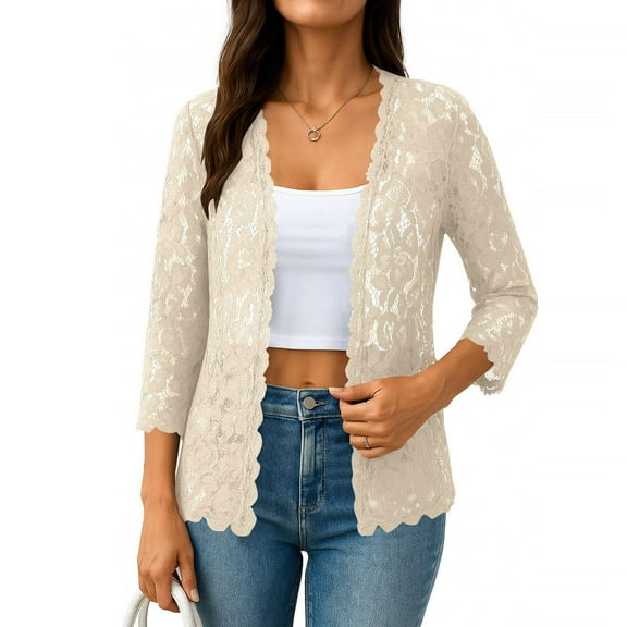 Mgmyaa Women's Hollow Lace Long Sleeve Cardigan Casual Sheer Cover Up Flowy Open Front Tops