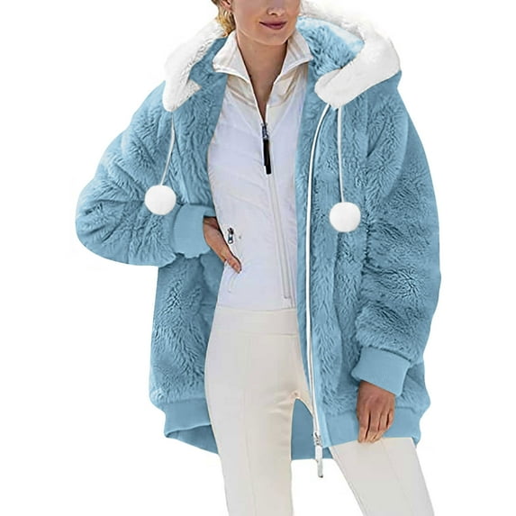 Mgmyaa Women's Hooded Fleece Jacket Winter Zip Up Casual Coat with Drawstring & Pom-Pom Detail