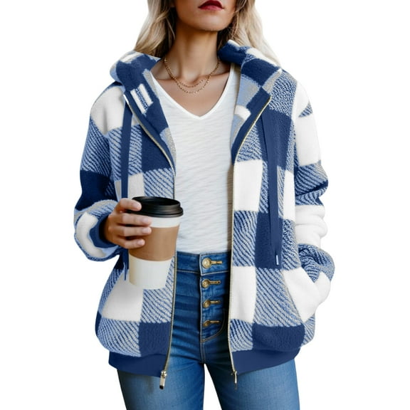 Mgmyaa Women's Hooded Plaid Cardigan Coat Zip-Up Mid-Length Fleece Blouse Warm Casual Winter Fall Tops with Pockets