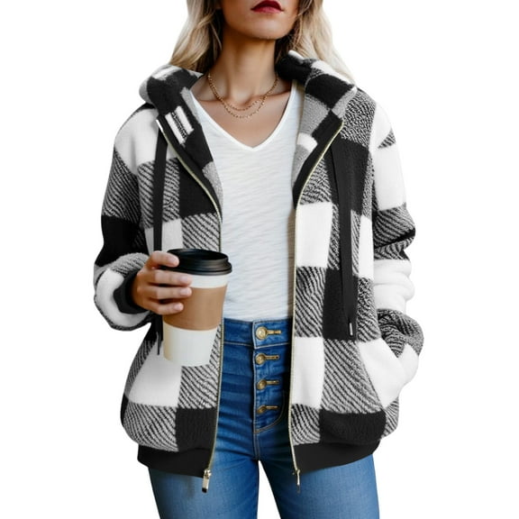 Mgmyaa Women's Hooded Plaid Cardigan Coat Zip-Up Mid-Length Fleece Blouse Warm Casual Winter Fall Tops with Pockets