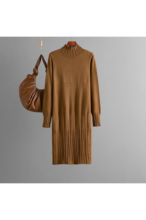 Women's Knit Dress Long Sleeve High Neck Casual Lounge Wear Stretchy Comfortable Tunic Sweater Dress