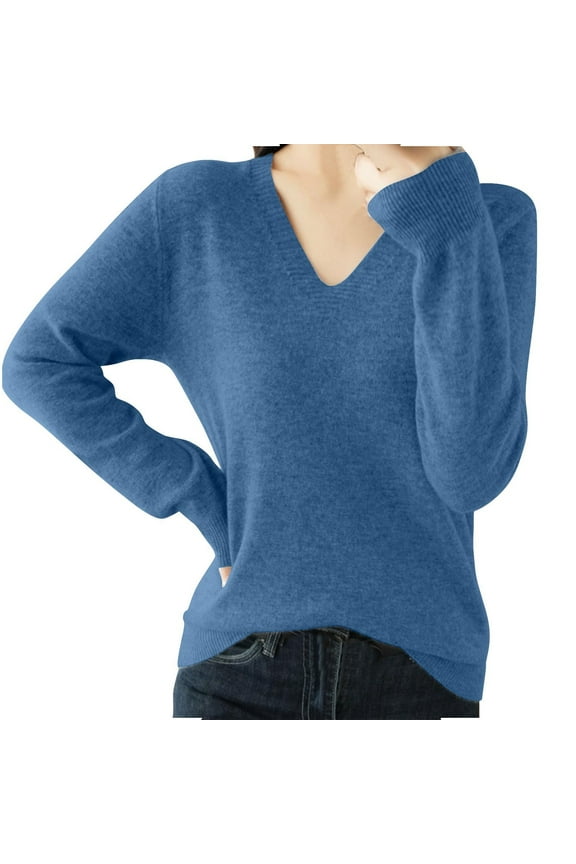 Women's Knitted Sweater Long Sleeve V Neck Pullover Casual Tops for Fall Winter