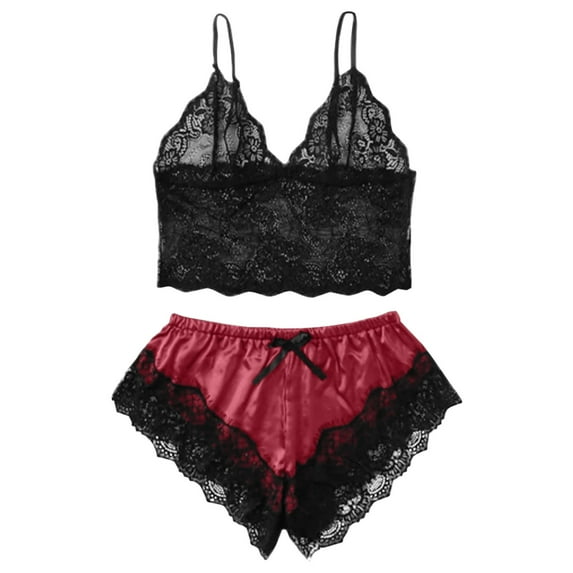 Mgmyaa Women's Lace Patchwork Two-Piece Pajamas Set Sheer Sleepwear Sensual Nightwear Bra and Shorts Home Loungewear
