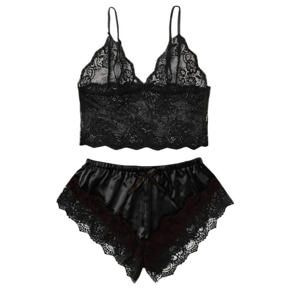 Mgmyaa Women's Lace Patchwork Two-Piece Pajamas Set Sheer Sleepwear Sensual Nightwear Bra and Shorts Home Loungewear