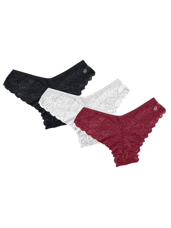 Women's Lace Thongs 3 Pack Stretch Breathable G-String Underwear with Cotton Crotch