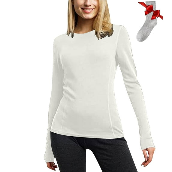 Mgmyaa Women's Layering Thermal Long Sleeve Round Neck Base Shirt with Socks Set Comfortable Stretch Lightweight Warm Undershirt
