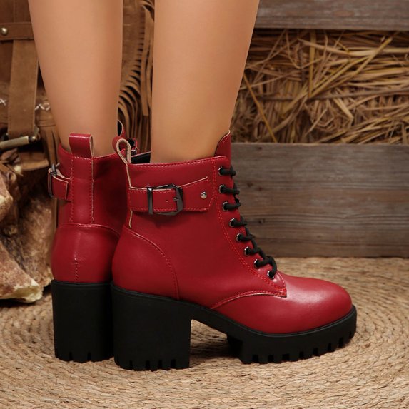 Mgmyaa Women's Leather Ankle Boots - Round Toe Lace-Up Side Zipper Chunky High Heel Short Booties