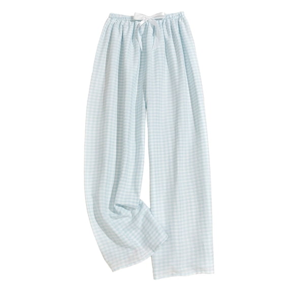Mgmyaa Women's Plaid Wide Leg Lounge Pants Drawstring Elastic Waist Loose Relaxed Full Length Casual Trousers with Cute Bow Tie Detail for Home Vacation and Daily Outings