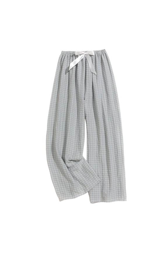 Women's Plaid Wide Leg Lounge Pants Drawstring Elastic Waist Loose Relaxed Full Length Casual Trousers with Cute Bow Tie Detail for Home Vacation and Daily Outings