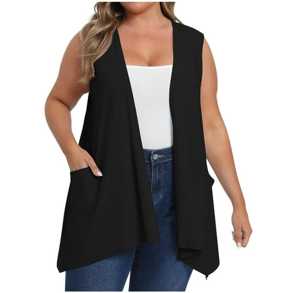 Mgmyaa Women's Lightweight Plus Size Cardigan Casual Soft Sleeveless Cardigans with Pockets High Low Hem Draped Duster