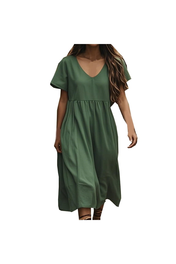 Women's Linen Midi Dress V-Neck Short Sleeve Casual Beach Long Dress Summer Smock Loose Flow Tunic Bohemian Dresses