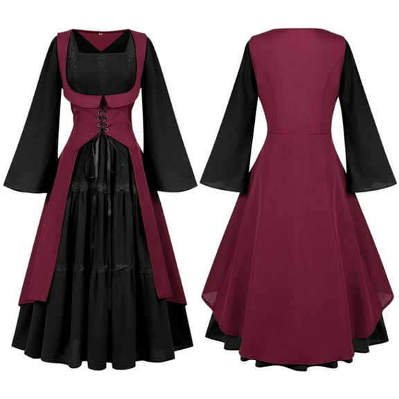 Mgmyaa Women's Long Dress Square Neck Long Sleeves Lace Halloween Dress with Adjustable Waist for Parties and Cosplay