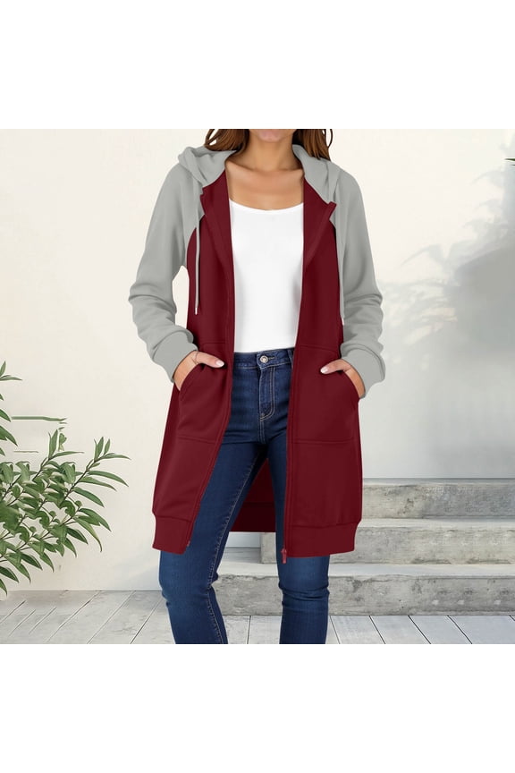 Women's Long Jacket Color Block Hooded Fleece Coat Long Sleeve Zip Front Duster Jacket Outerwear