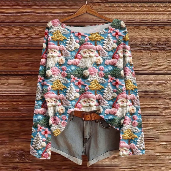 Mgmyaa Women's Long Sleeve Shirt Christmas-Themed Crew Neck Batwing Sleeve Casual Top