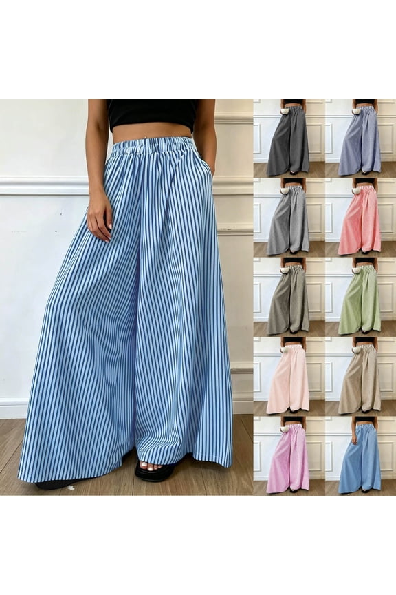 Women's Loose Fit Striped Culottes Pants with Pockets Elastic Waist for Beach