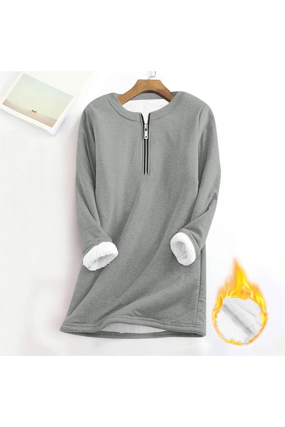 Women's Loose Fleece Half Zip Jacket Round Neck Long Sleeve Thickened Warm Top with Pockets Pullover Jackets