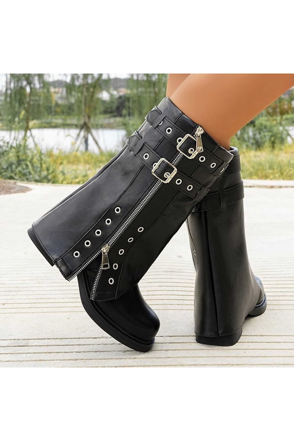 Women's Maillard Western Leather Boots, Block Heel Round Toe Straight Shaft Side Zip Mid-Calf Booties