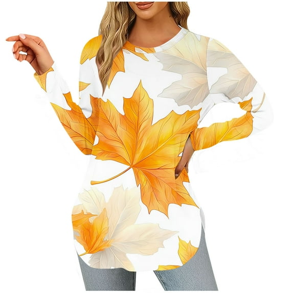 Mgmyaa Women's Maple Leaf Print Long Sleeve Round Neck Tops Fall Winter Casual Loose Blouse Warm Comfortable Daily Shirt