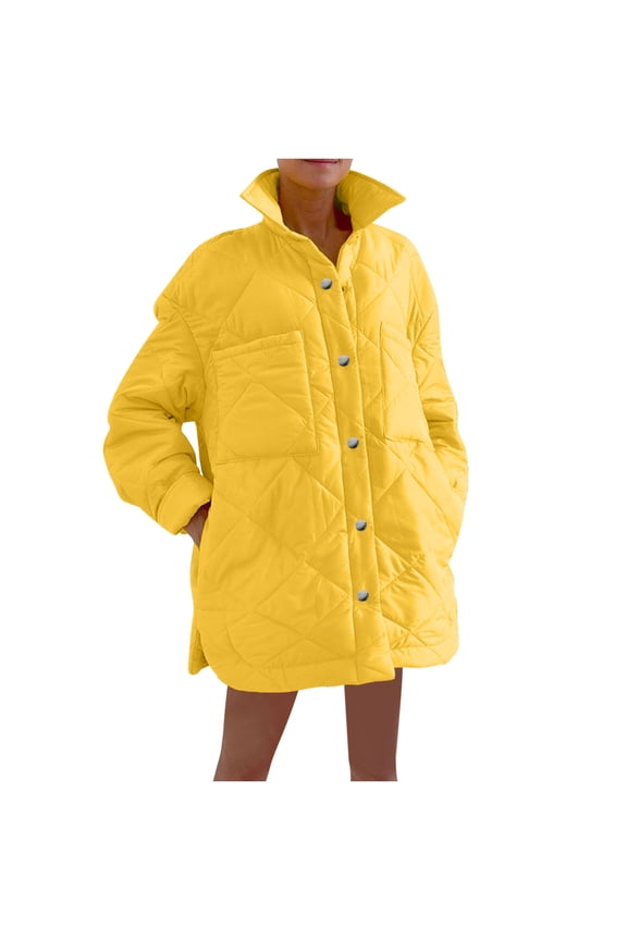 Women's Mid-Length Diamond Quilted Puffer Jacket Lapel Collar Lightweight Winter Warm Insulated Hoodless Coat