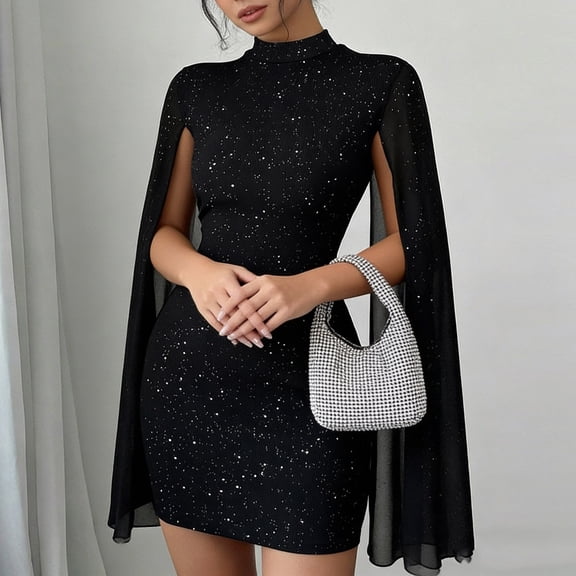 Mgmyaa Women's Mock Neck Bodycon Dress Cape Sleeve Sheer Sequin Mini Dresses for Night Out and Party