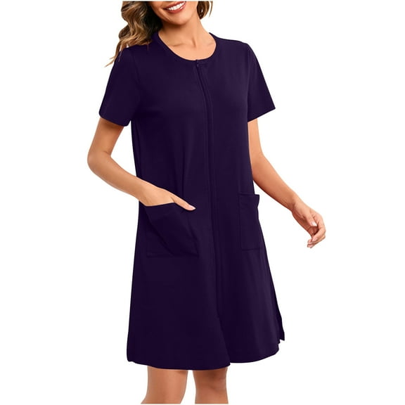 Mgmyaa Women's Nightgowns Short Sleeve Crew Neck Above-the-Knee Length Sleep Dresses Zip Sleepshirts with Pokets Loose Pajamas