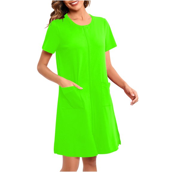 Mgmyaa Women's Nightgowns Short Sleeve Crew Neck Above-the-Knee Length Sleep Dresses Zip Sleepshirts with Pokets Loose Pajamas