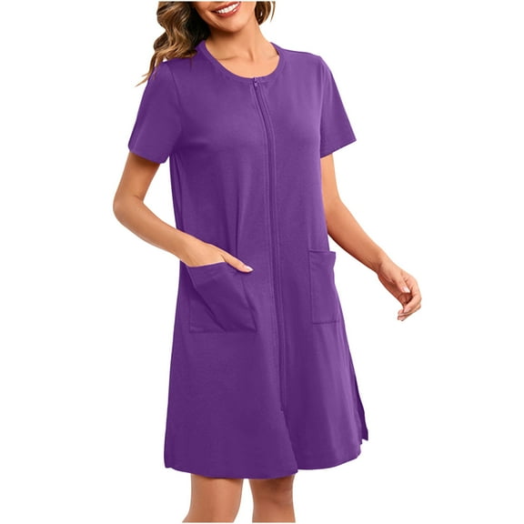 Mgmyaa Women's Nightgowns Short Sleeve Crew Neck Above-the-Knee Length Sleep Dresses Zip Sleepshirts with Pokets Loose Pajamas