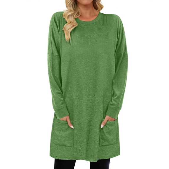Mgmyaa Women's Oversized Long Sleeve Shirt Hip-length Tops Casual Loose Fit Pullover Crewneck Tunic Top with Pockets