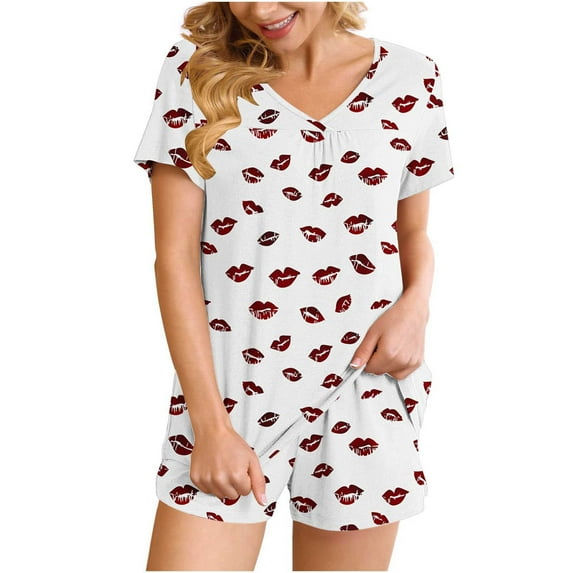 Mgmyaa Women's Pajama Set Printed V-Neck Sleep Shirt Short Sleeve Top with Pocket Shorts Nightwear Lounge Outfit Two-Piece Set