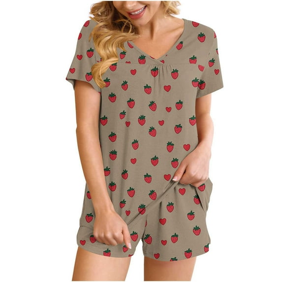 Mgmyaa Women's Pajama Set Printed V-Neck Sleep Shirt Short Sleeve Top with Pocket Shorts Nightwear Lounge Outfit Two-Piece Set