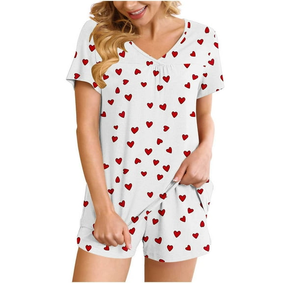 Mgmyaa Women's Pajama Set Printed V-Neck Sleep Shirt Short Sleeve Top with Pocket Shorts Nightwear Lounge Outfit Two-Piece Set
