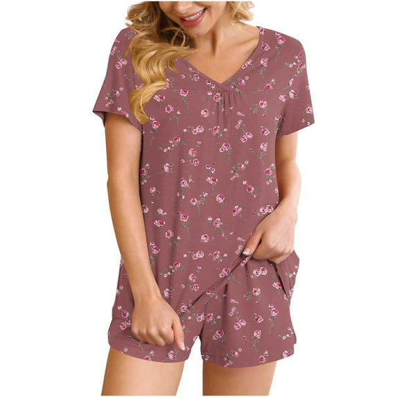 Mgmyaa Women's Pajama Set Printed V-Neck Sleep Shirt Short Sleeve Top with Pocket Shorts Nightwear Lounge Outfit Two-Piece Set