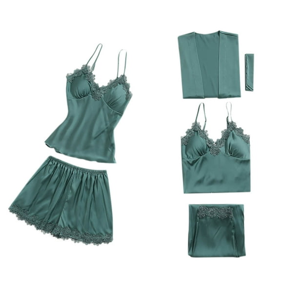 Mgmyaa Women's Pajamas Set 5 Piece Imitation Silk Lace Camisole Shorts Trousers and Robe Luxurious Sleepwear Collection