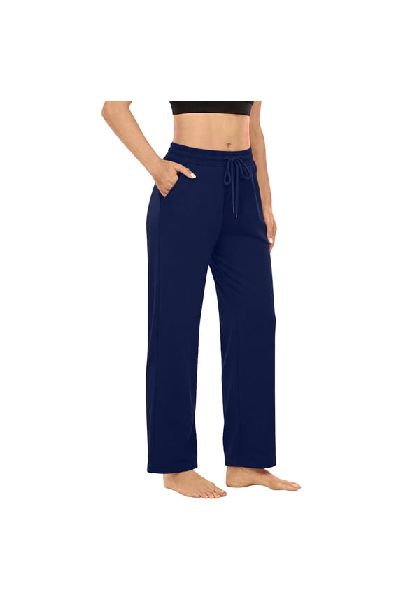 Women's Palazzo Activewear Relaxed Fit Pants Full Length Mid Waist Elastic Waist with Adjustable Drawstring and Exterior Pockets Soft Polyester Blend Trousers for Indoor Activity