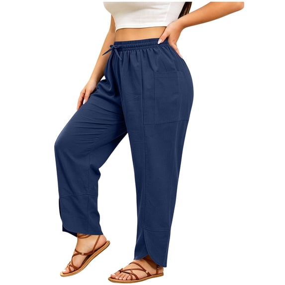 Mgmyaa Women's Plus Size Casual Relaxed Fit Chino Pants Full Length Mid Waist Drawstring with Adjustable Waist and Exterior Pockets Relaxed Fit Soft Cotton Blend Trousers for Everyday Wear