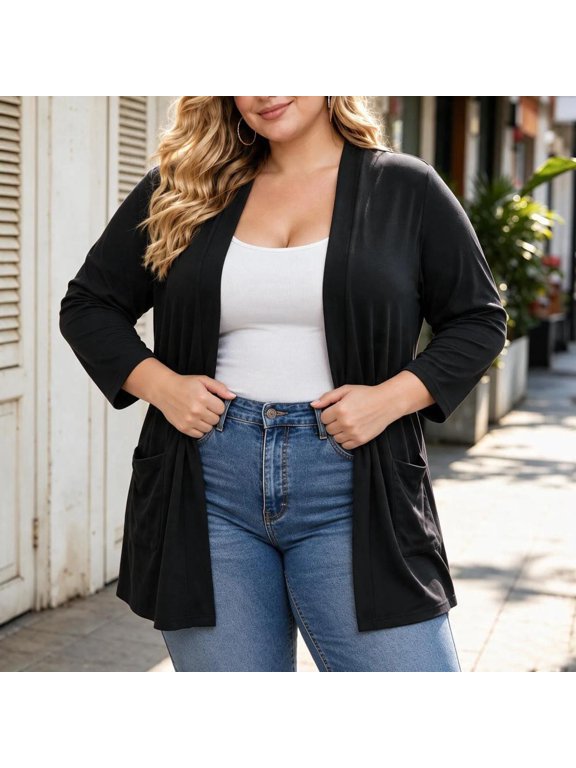 Women's Plus Size Open Front Cardigan Long Sleeve Duster with Pockets Soft Stretchable Casual Outerwear for Fall and Winter Layering and Everyday Wear