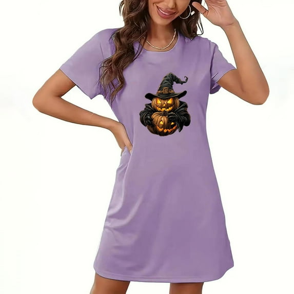 Mgmyaa Women's Plus Size T-Shirt Dress Short Sleeve Crew Neck Nightgowns Mini Nightdress Chest Print Halloween Dress Halloween Costumes