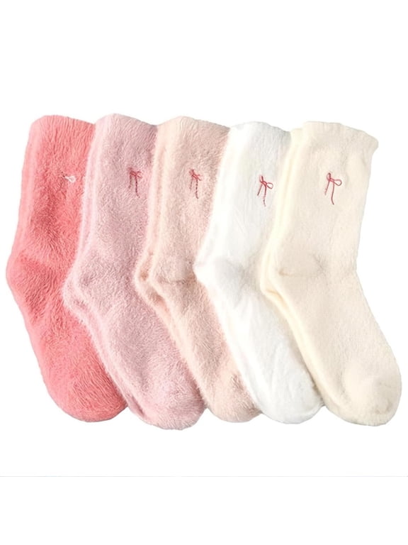 Women's Plush Crew Socks with Bow-tie Detail,Soft Fluffy Fleece Sleep Socks, Cozy Warm Winter Home Lounge Stockings, Comfy Thermal Bed Socks for Cold Days