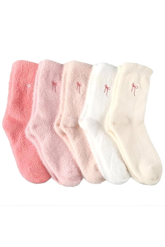 Women's Plush Crew Socks with Bow-tie Detail,Soft Fluffy Fleece Sleep Socks, Cozy Warm Winter Home Lounge Stockings, Comfy Thermal Bed Socks for Cold Days