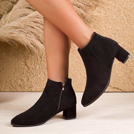 Mgmyaa Women's Pointed Toe Mid Heel Ankle Boots Fall and Winter Comfortable Zip-Up Height-Boosting Short Boots