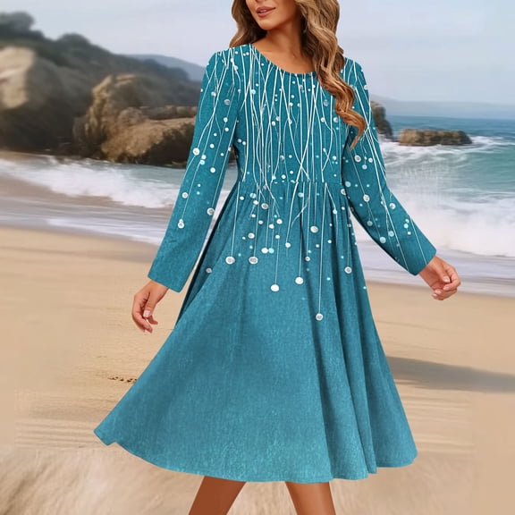 Mgmyaa Women's Printed Long Sleeve A-Line Dress Round Neck Pocket Casual Loose Fit Midi Holiday Dress