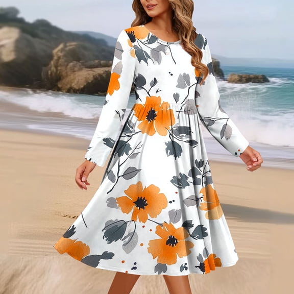 Mgmyaa Women's Printed Long Sleeve A-Line Dress Round Neck Pocket Casual Loose Fit Midi Holiday Dress