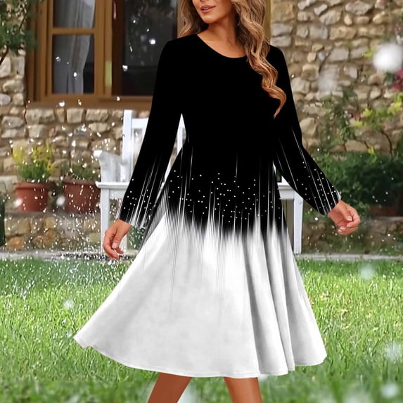Mgmyaa Women's Printed Long Sleeve A-Line Dress Round Neck Pocket Casual Loose Fit Midi Holiday Dress
