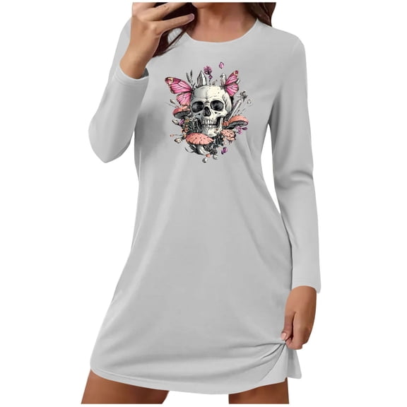 Mgmyaa Women's Printed Nightgown Long Sleeve Round Neck Loose Fit Sleepwear Comfortable Lounge Mini Dress