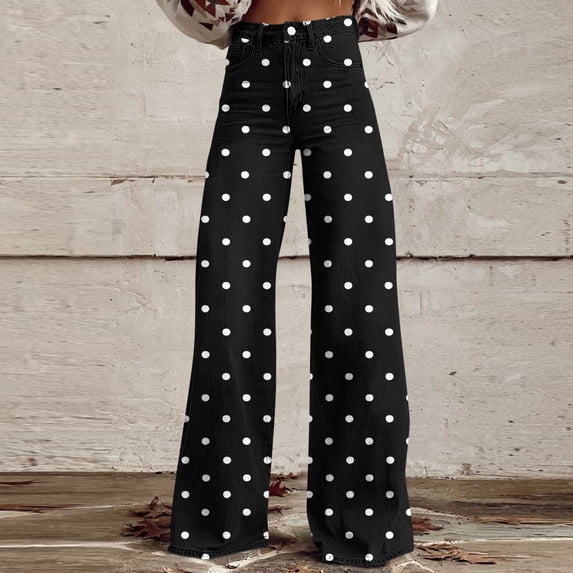 Mgmyaa Women's High Waist Polka Dot Wide Leg Denim Pants Button Zipper Casual Trousers with Pockets for Trendy Fashion Daily Look