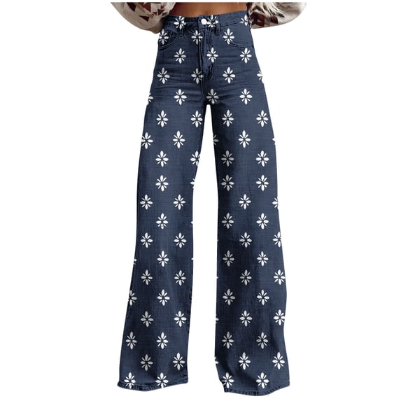 Mgmyaa Women's Printed Pants Zipper Button Closure with Side Pockets Relaxed Fit Casual Palazzo for Daily Fashion Look