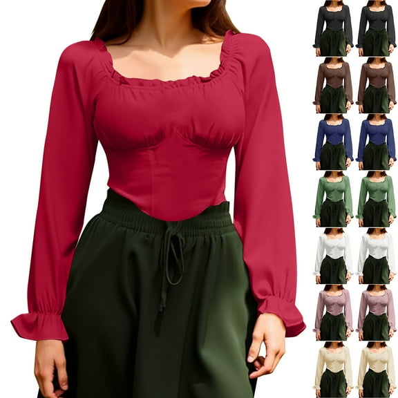 Mgmyaa Women's Renaissance Shirt Long Sleeve Waisted Smocked Blouse Corset Tops Costume Themed Party Vintage Fashion Historical Garment Corset Top