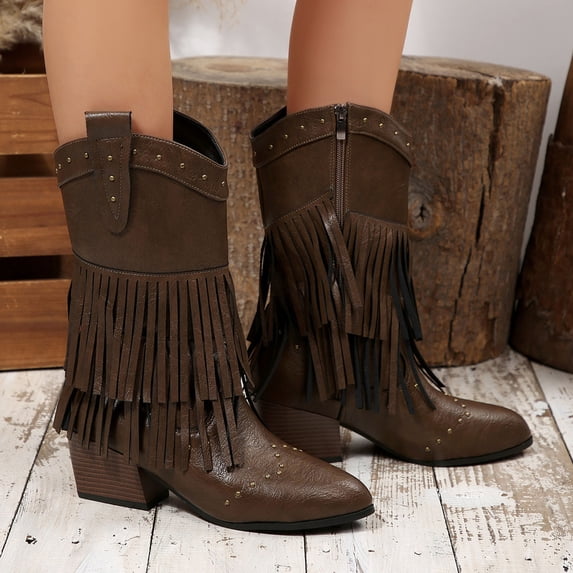 Mgmyaa Women's Retro British Style Boots Fringe Mid Heel Pointed Toe Comfortable Tassel Mid-Calf Boots