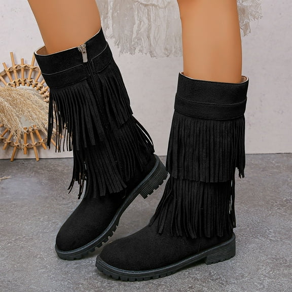 Mgmyaa Women's Retro Western Boots Fringe Medium Heel Round Toe Zip-Up Tassel Mid-Calf Boots
