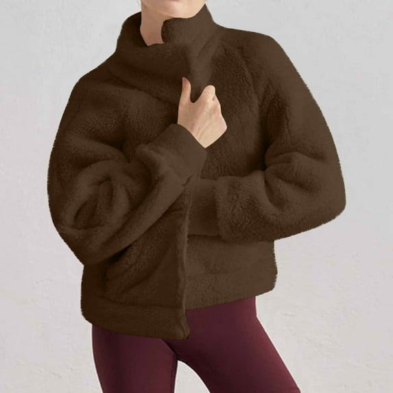 Mgmyaa Women's Reversible Sherpa Jacket Stand-Up Collar Full Zipper Fleece Hooded Activewear Sweatshirt Outerwear Coat